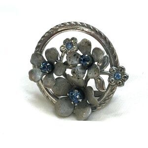 Retro Flower Wreath Brooch Silver Tone Ice Blue Rhinestones